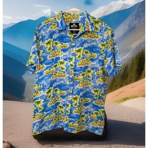 Y2K Mens Corona Tropical‎ Island Button-Up Hawaiian vacation Shirt L BOHO